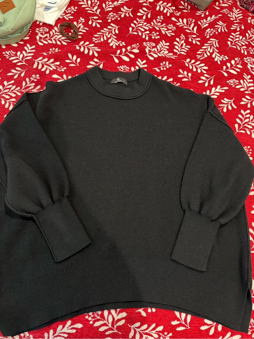 Black Ribbed Crewneck Sweater with Balloon Sleeves
